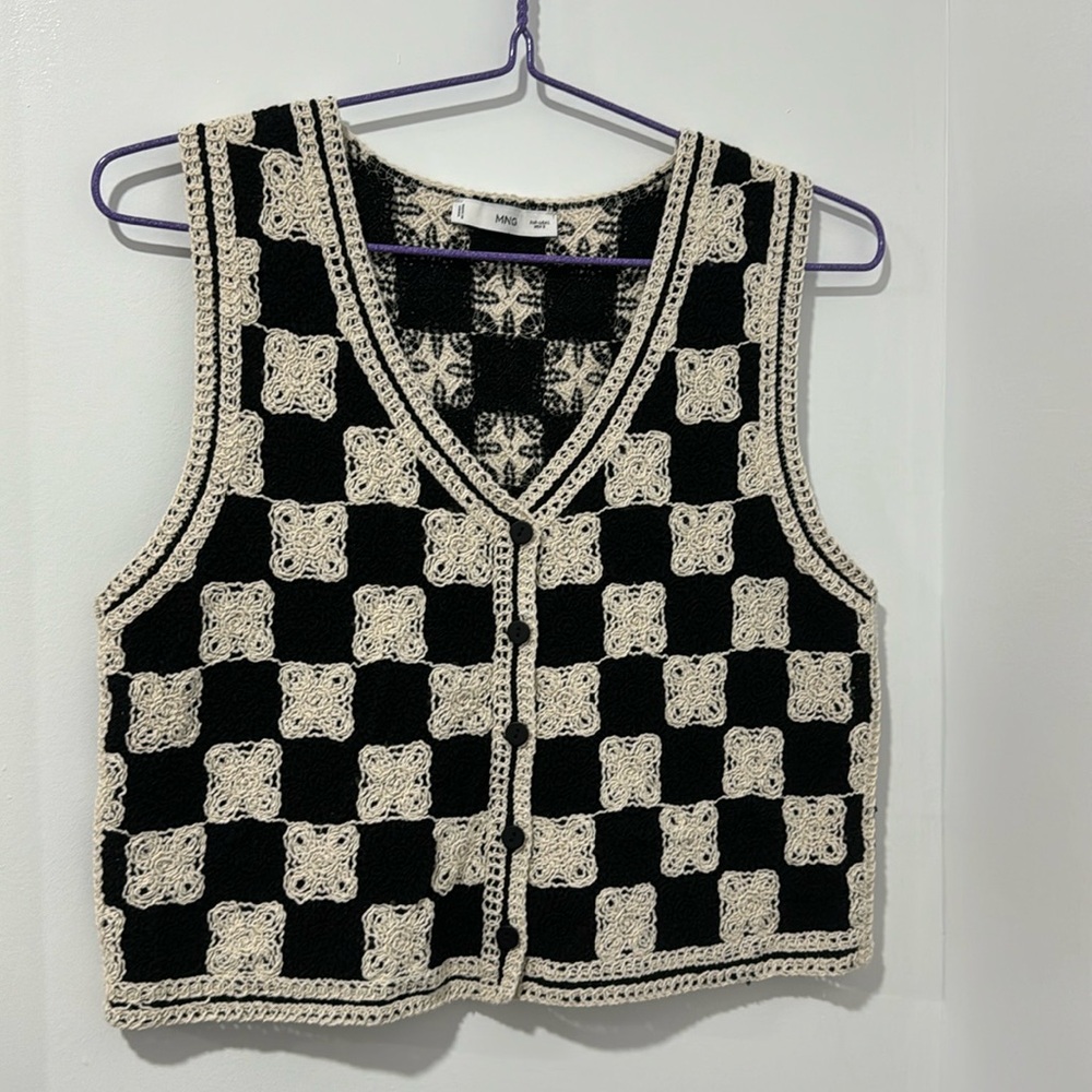 MANGO x Black & White Checkered Crochet Sweater Vest
